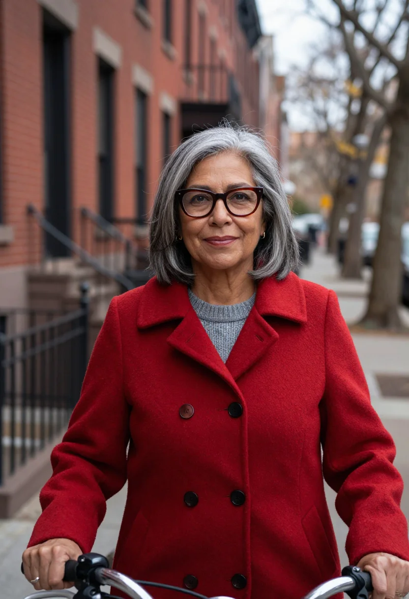 AI jane jacobs hudson street brick red sample — portrait of a woman, framed tight, head and shoulders, the b