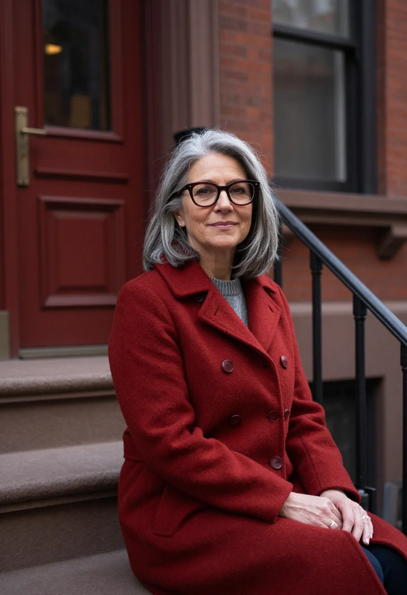 AI jane jacobs hudson street brick red sample — portrait of a woman, framed chest-up, cropped at the ribs, t