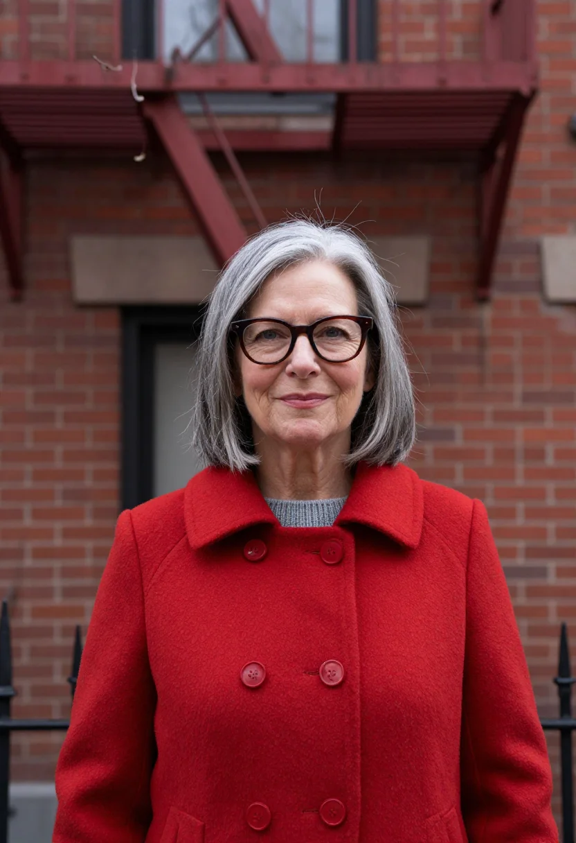 AI jane jacobs hudson street brick red sample — portrait of a woman, framed tight, head and shoulders, the b