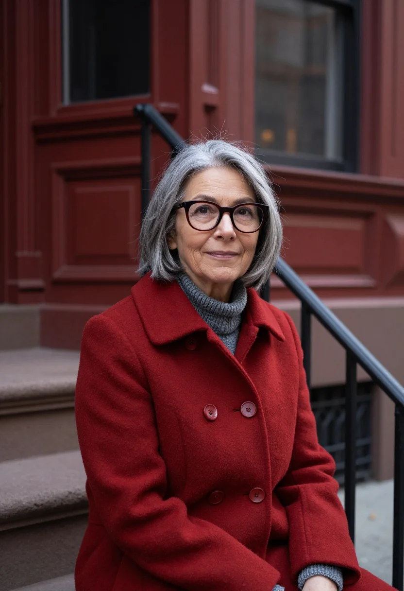AI jane jacobs hudson street brick red sample — portrait of a woman, framed tight, head and shoulders, the b