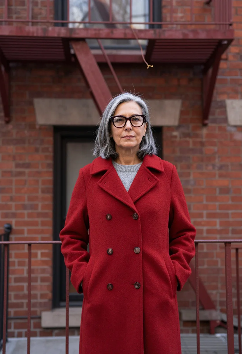AI jane jacobs hudson street brick red sample — portrait of a woman, framed three-quarter length from the he