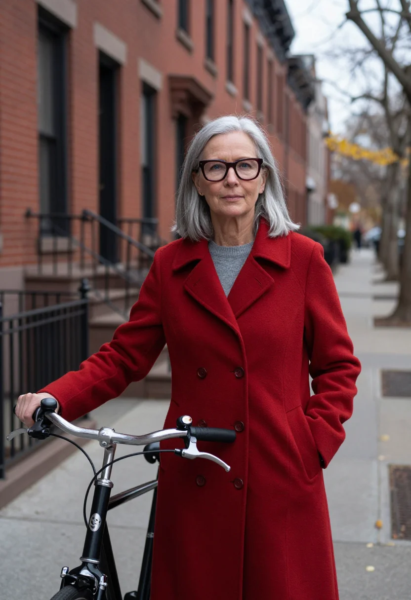 AI jane jacobs hudson street brick red sample — portrait of a woman, framed half-length from the head to the