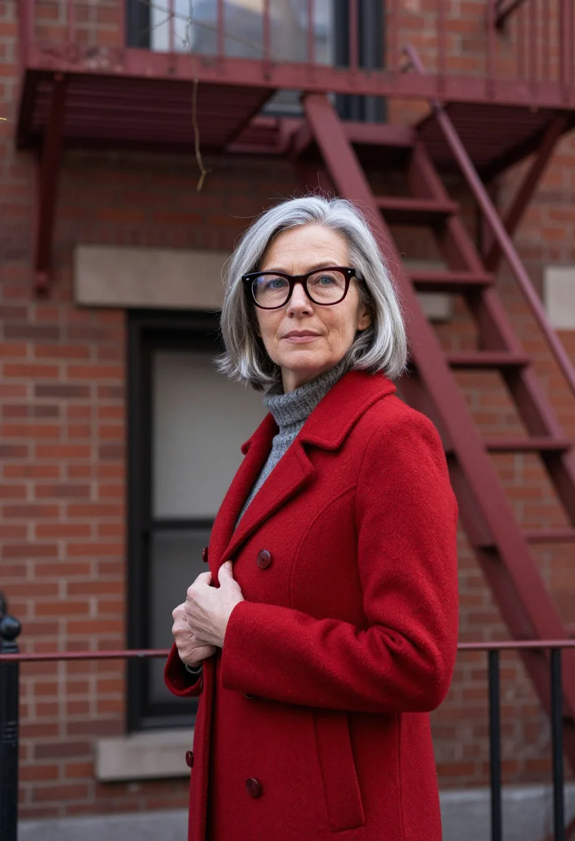 AI jane jacobs hudson street brick red sample — portrait of a woman, framed chest-up, cropped at the ribs, t
