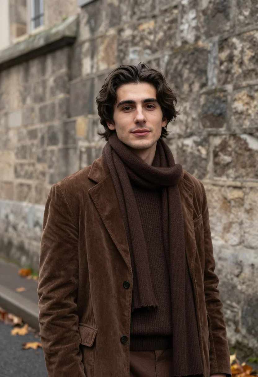 AI jean pierre leaud doinel montmartre corduroy brown sample — portrait of a man, a French man in his mid-twenties with fai