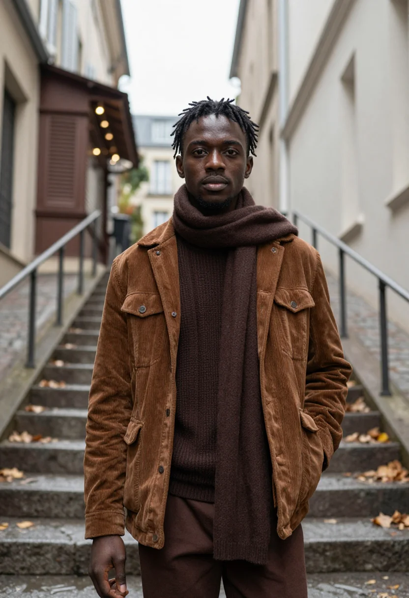 AI jean pierre leaud doinel montmartre corduroy brown sample — portrait of a man, a Black French man of Ivorian descent in