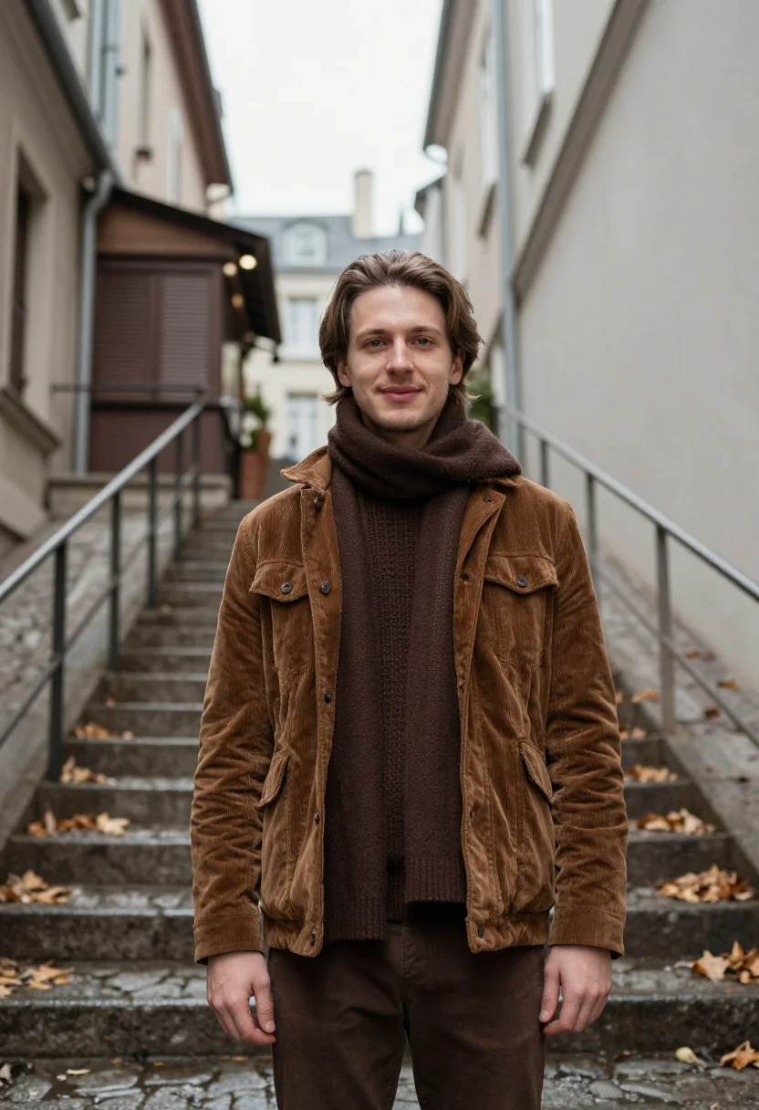 AI jean pierre leaud doinel montmartre corduroy brown sample — portrait of a man, a Polish man in his early thirties with f