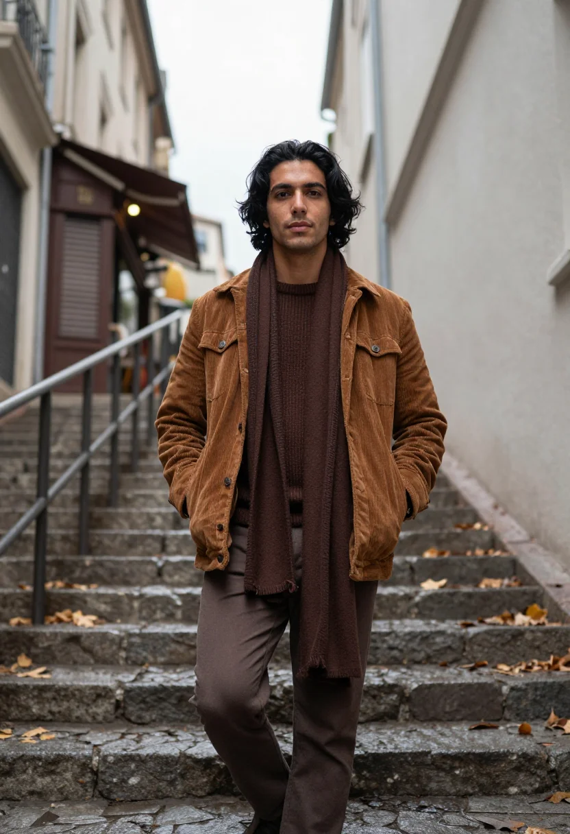 AI jean pierre leaud doinel montmartre corduroy brown sample — portrait of a man, a Spanish man in his late twenties with w