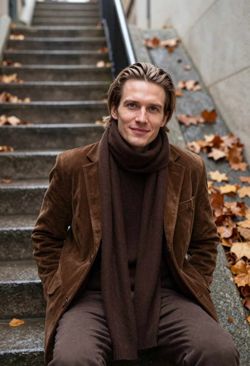AI jean pierre leaud doinel montmartre corduroy brown sample — portrait of a man, a Belgian man in his early thirties with