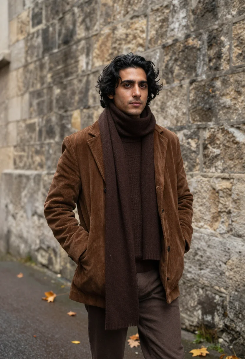 AI jean pierre leaud doinel montmartre corduroy brown sample — portrait of a man, an Italian man in his late twenties with