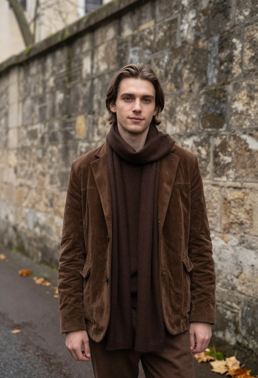 AI jean pierre leaud doinel montmartre corduroy brown sample — portrait of a man, a French man in his early twenties with p