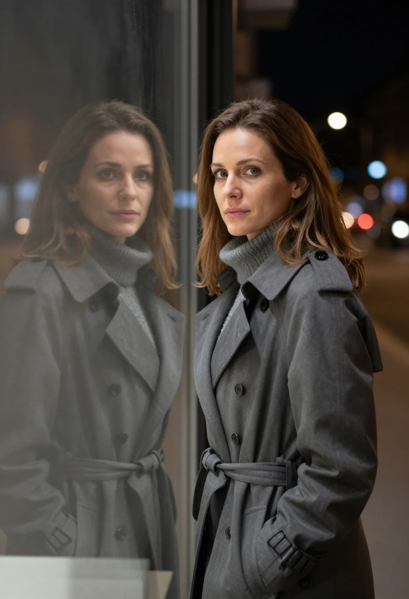 AI jeanne moreau champs elysees night trench sample — portrait of a woman, framed tight, head and shoulders, the b