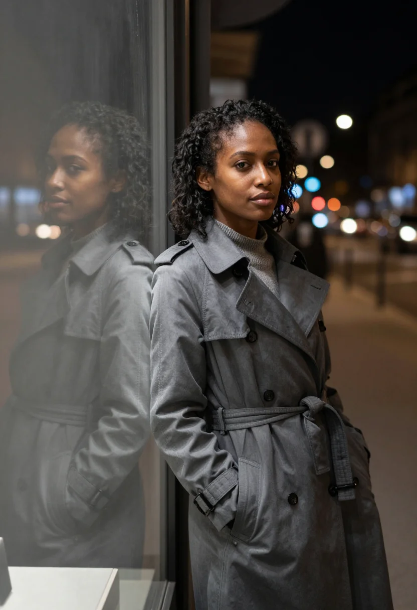 AI jeanne moreau champs elysees night trench sample — portrait of a woman, framed half-length from the waist up, a