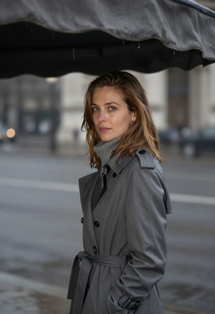 AI jeanne moreau champs elysees night trench sample — portrait of a woman, framed tight, head and shoulders, the b