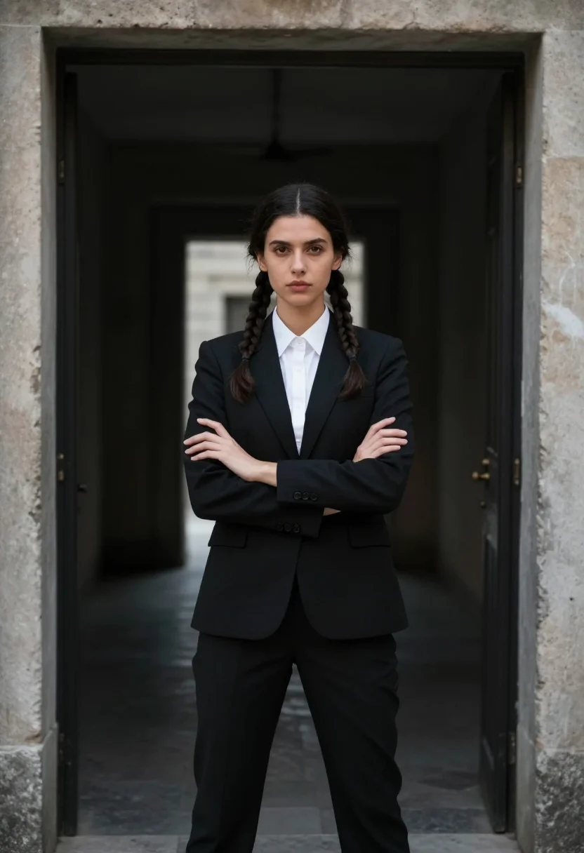 AI jenna ortega wednesday sample — photograph of a woman, thigh-up portrait of a Western-Europe
