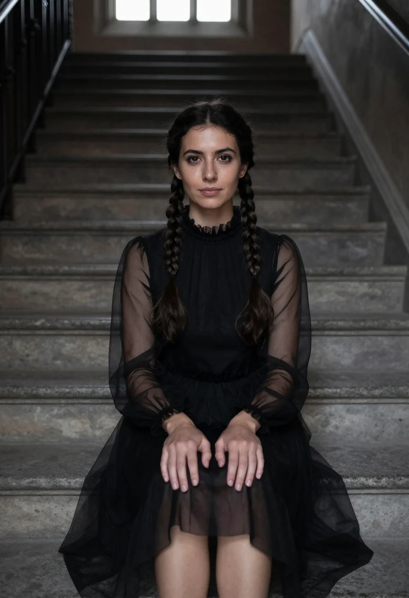 AI jenna ortega wednesday sample — photograph of a woman, head-to-hem portrait of a Western-Eur