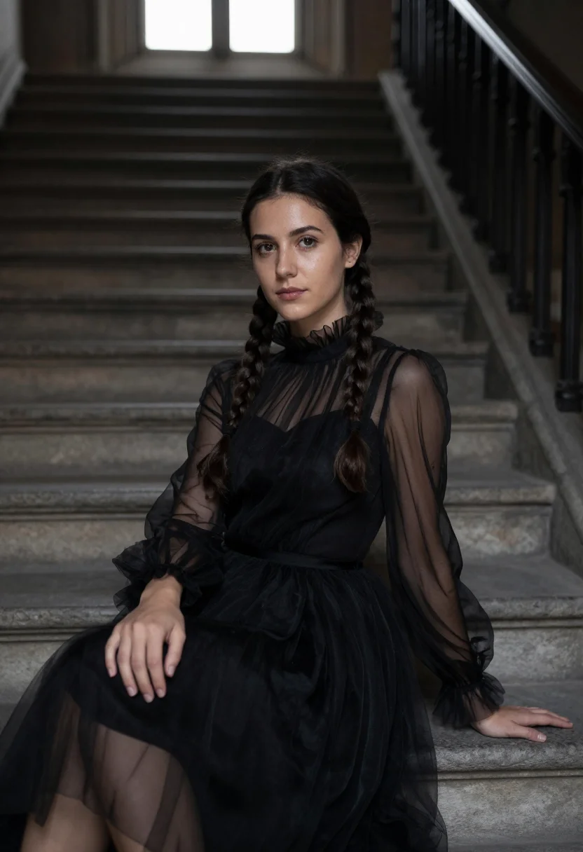 AI jenna ortega wednesday sample — photograph of a woman, waist-up portrait of a Western-Europe