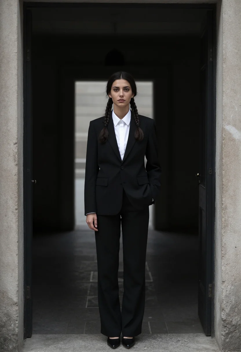 AI jenna ortega wednesday sample — photograph of a woman, full-length portrait of a Western-Eur