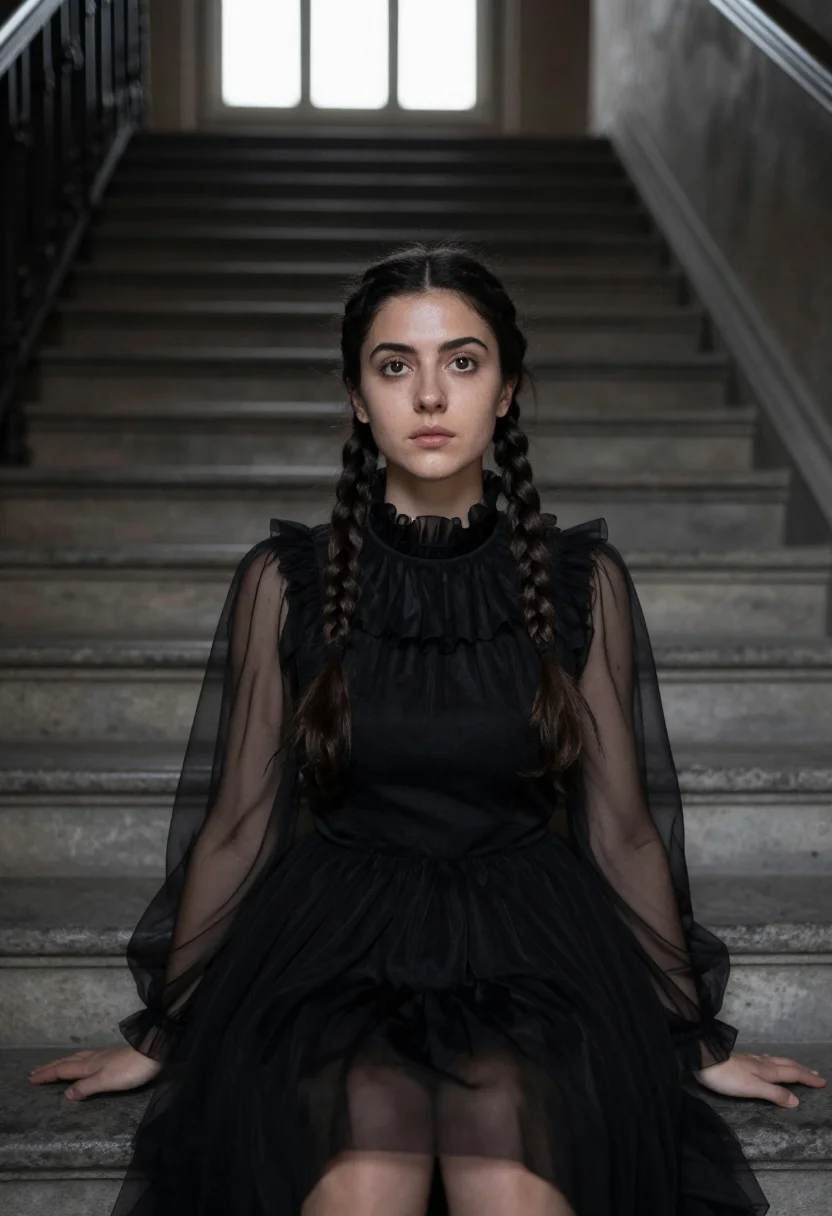 AI jenna ortega wednesday sample — photograph of a woman, shoulders-up portrait of a Western-Eu