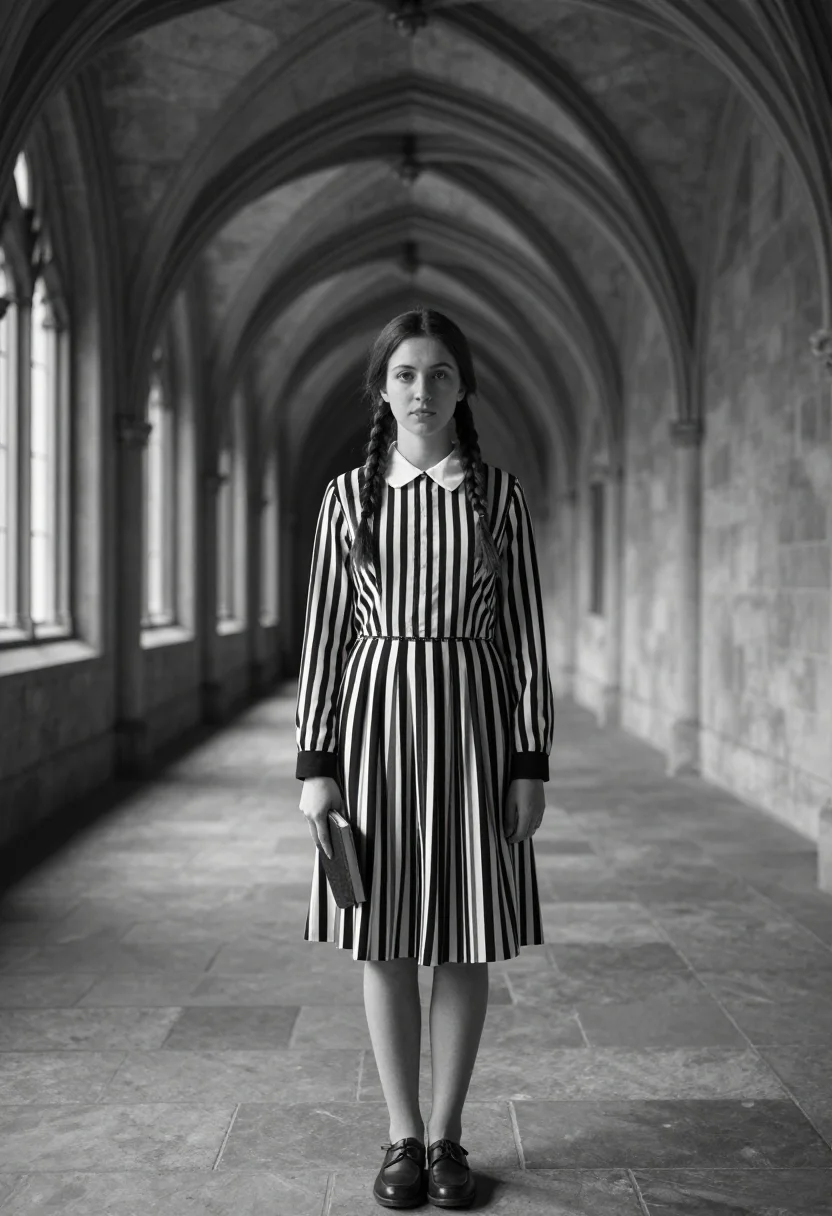 AI jenna ortega wednesday sample — photograph of a woman, full-length portrait of a Western-Eur