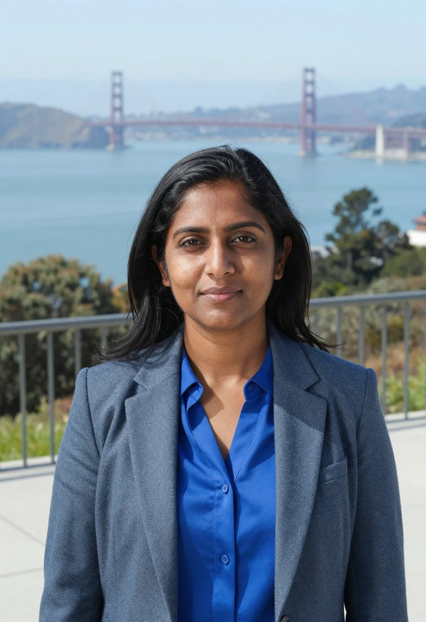 AI jennifer doudna berkeley innovative genomics may blue sample — portrait of a woman, an Indian-American scientist in her ear