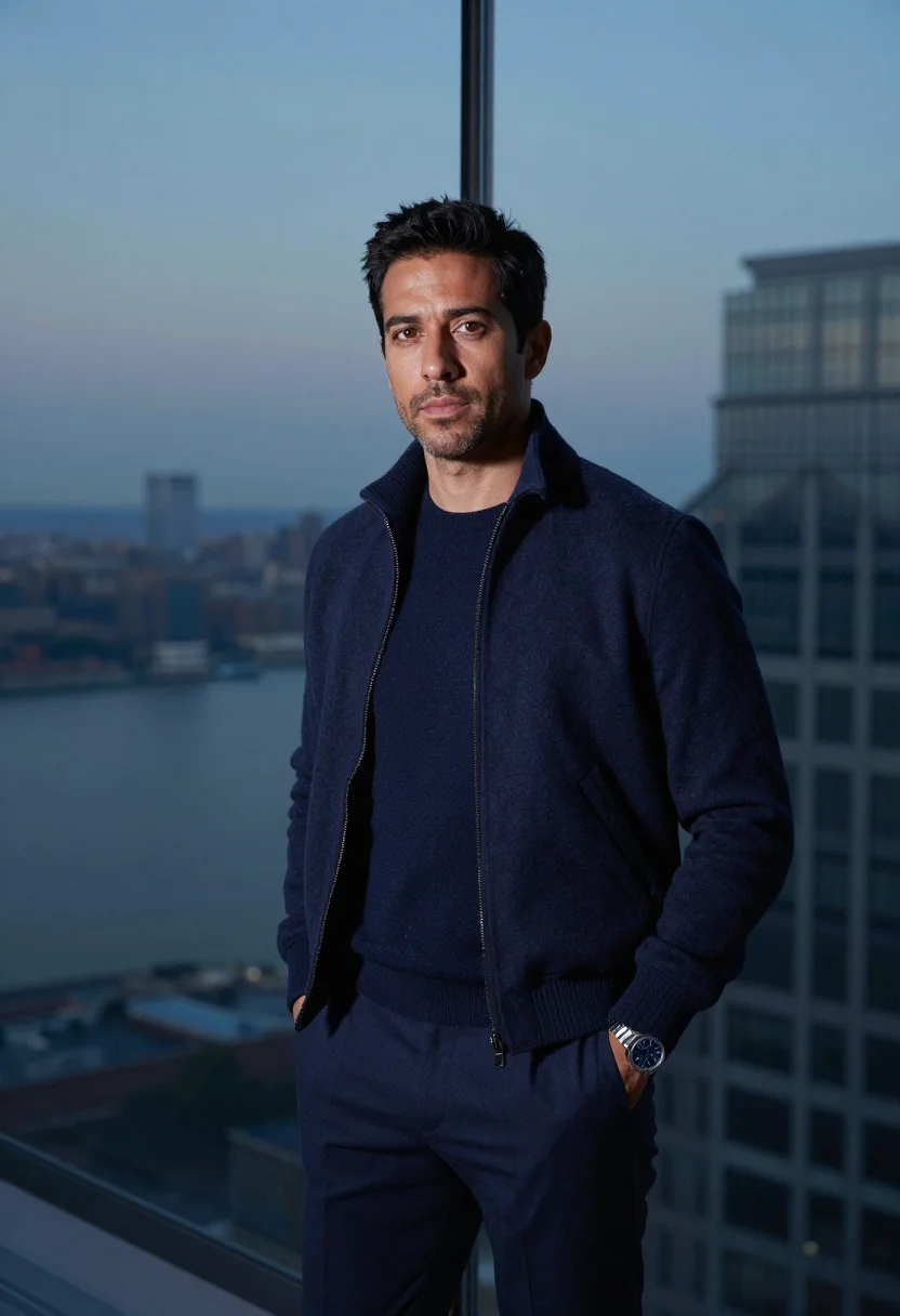 AI jeremy strong kendall roy quiet luxury navy sample — portrait of a man, an Italian-American man in his mid-thirti