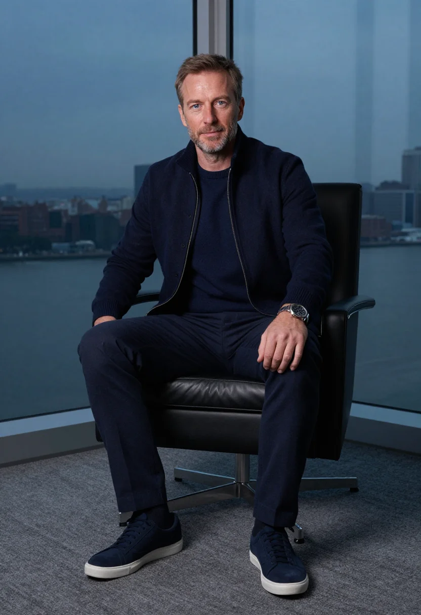 AI jeremy strong kendall roy quiet luxury navy sample — portrait of a man, a German man in his mid-forties with rudd