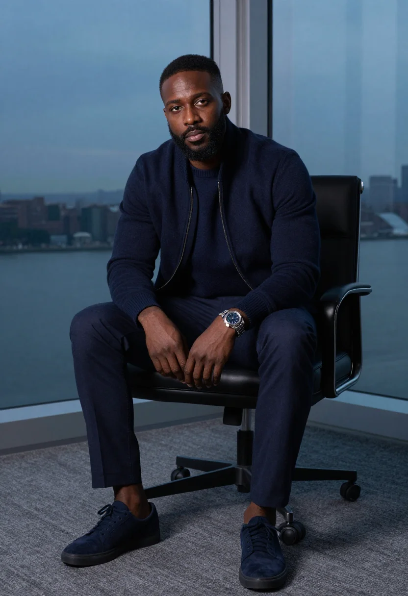AI jeremy strong kendall roy quiet luxury navy sample — portrait of a man, a Black American man in his late thirties