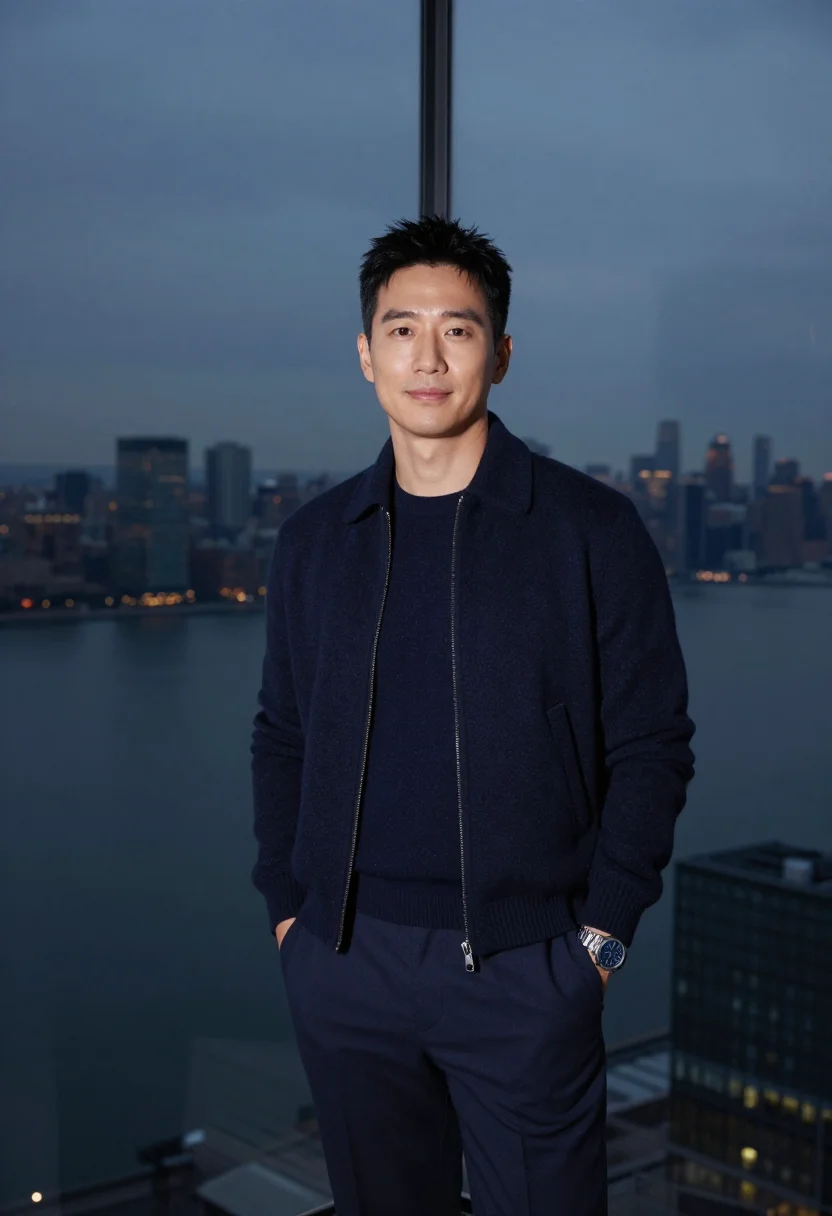 AI jeremy strong kendall roy quiet luxury navy sample — portrait of a man, a Korean-American man in his mid-thirties