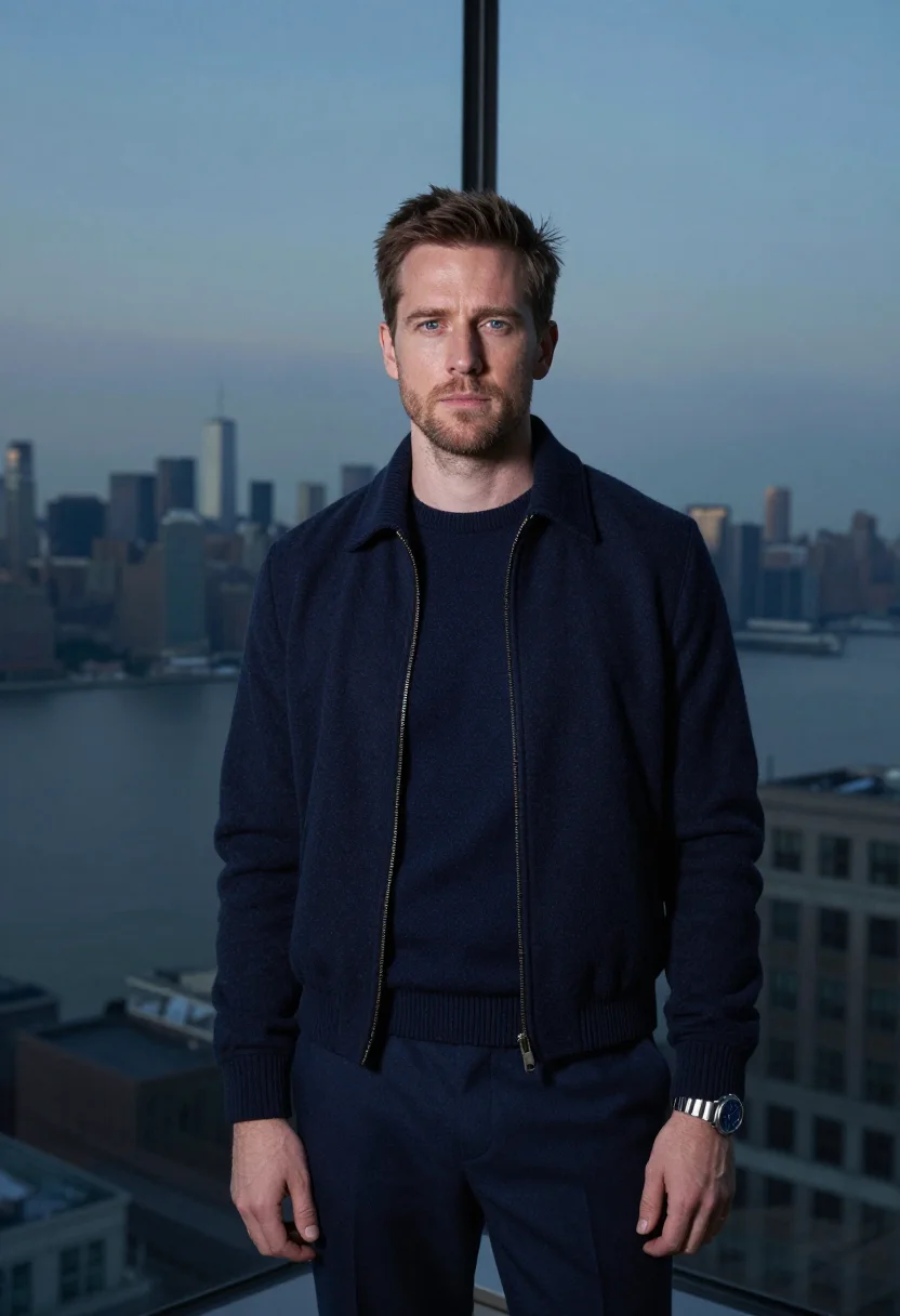 AI jeremy strong kendall roy quiet luxury navy sample — portrait of a man, an English man in his early forties with