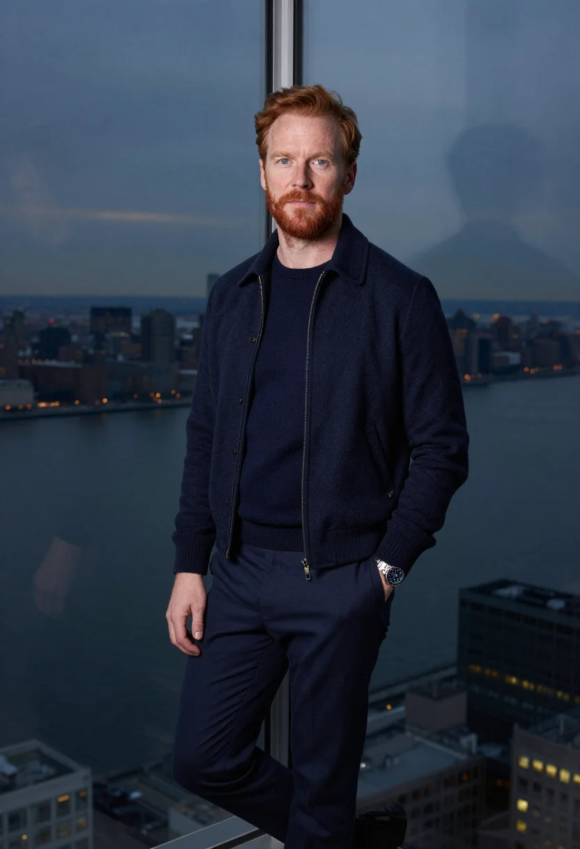 AI jeremy strong kendall roy quiet luxury navy sample — portrait of a man, an Irish-American man in his early fortie