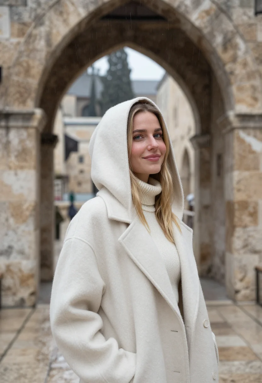 AI jerusalem january stone rain sample — portrait of a woman, framed chest-up, the crop at the lower