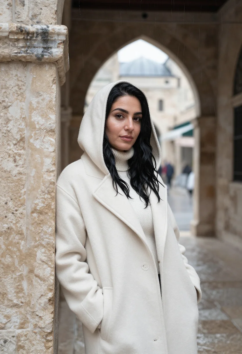 AI jerusalem january stone rain sample — portrait of a woman, framed half-length from the hips up, a