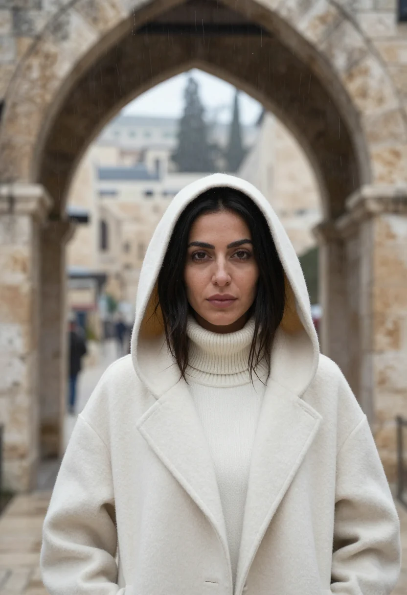 AI jerusalem january stone rain sample — portrait of a woman, framed tight, head and shoulders, the b