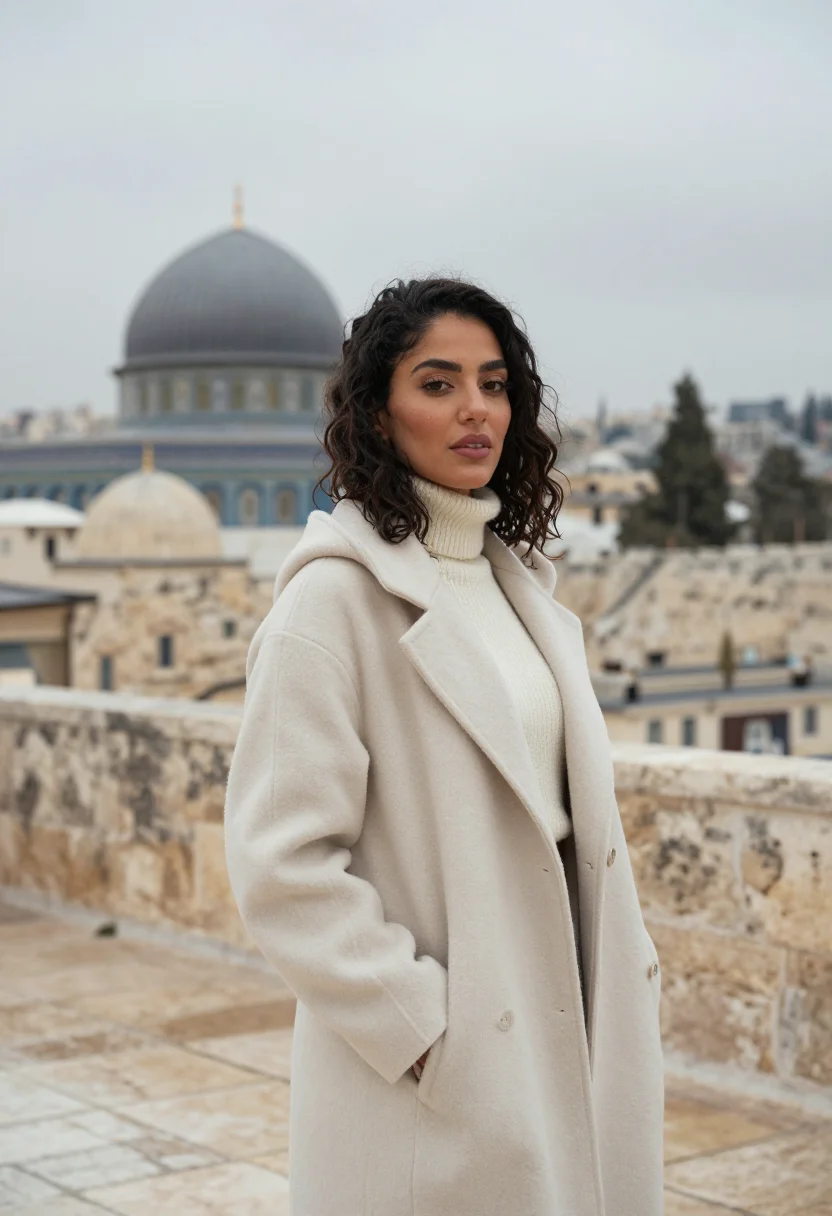 AI jerusalem january stone rain sample — portrait of a woman, framed chest-up, the crop at the lower