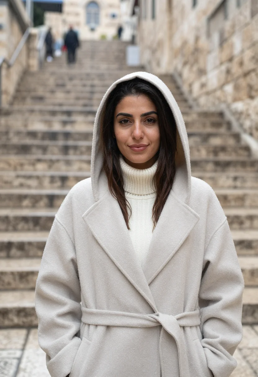AI jerusalem january stone rain sample — portrait of a woman, framed tight, head and shoulders, the b