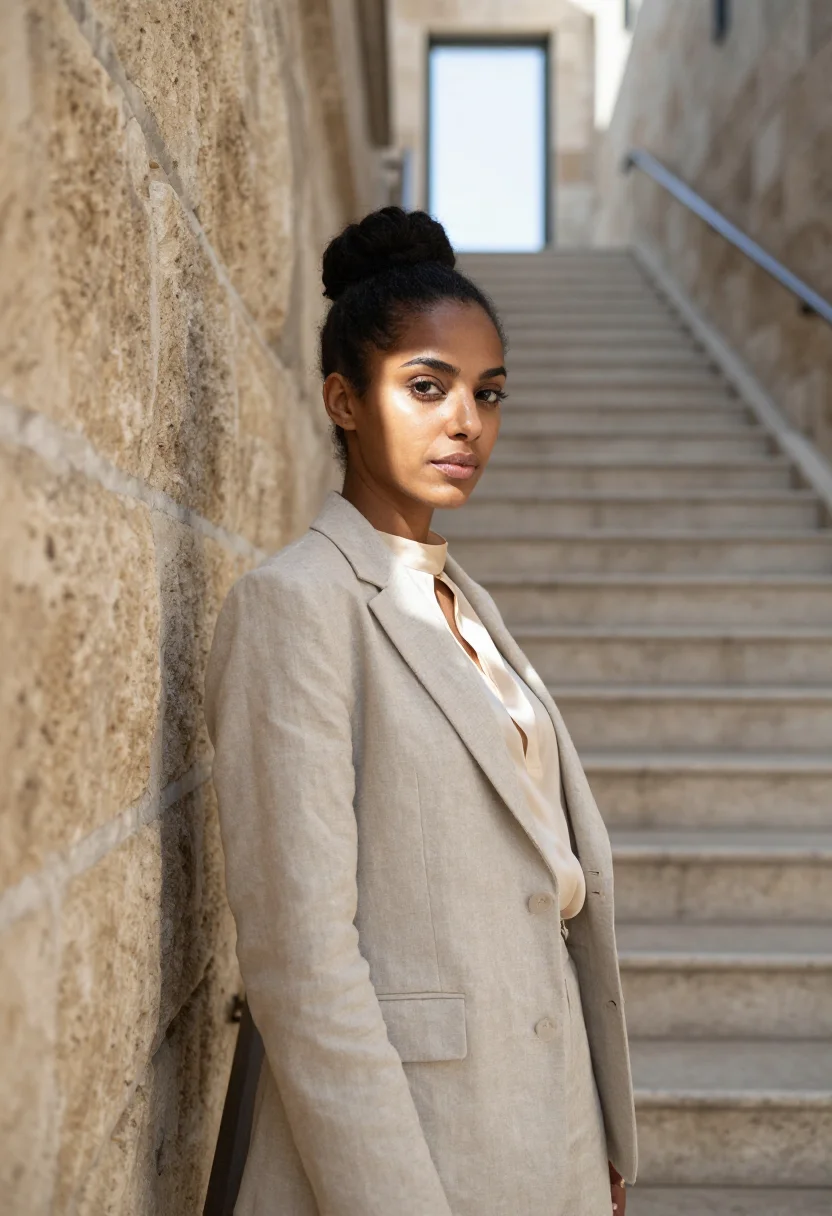 AI jerusalem supreme court lawyer stone sample — portrait of a woman, a lawyer in her forties of Ethiopian Je