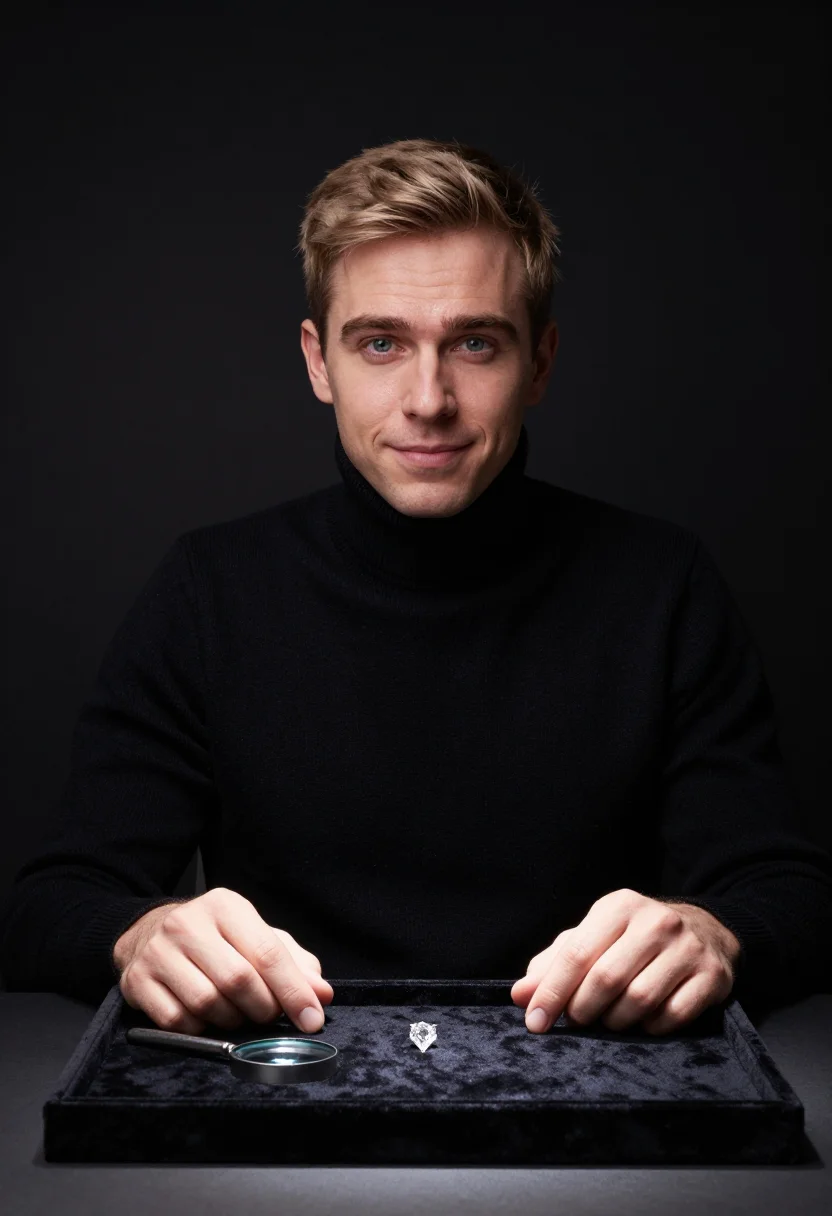 AI jeweller loupe black velvet sample — portrait of a man, framed chest-up, cropped at the ribs, the
