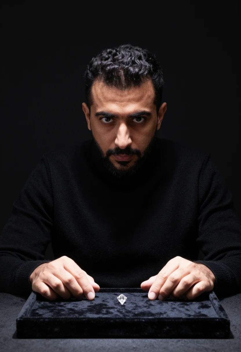 AI jeweller loupe black velvet sample — portrait of a man, framed tight, head and shoulders, the bod