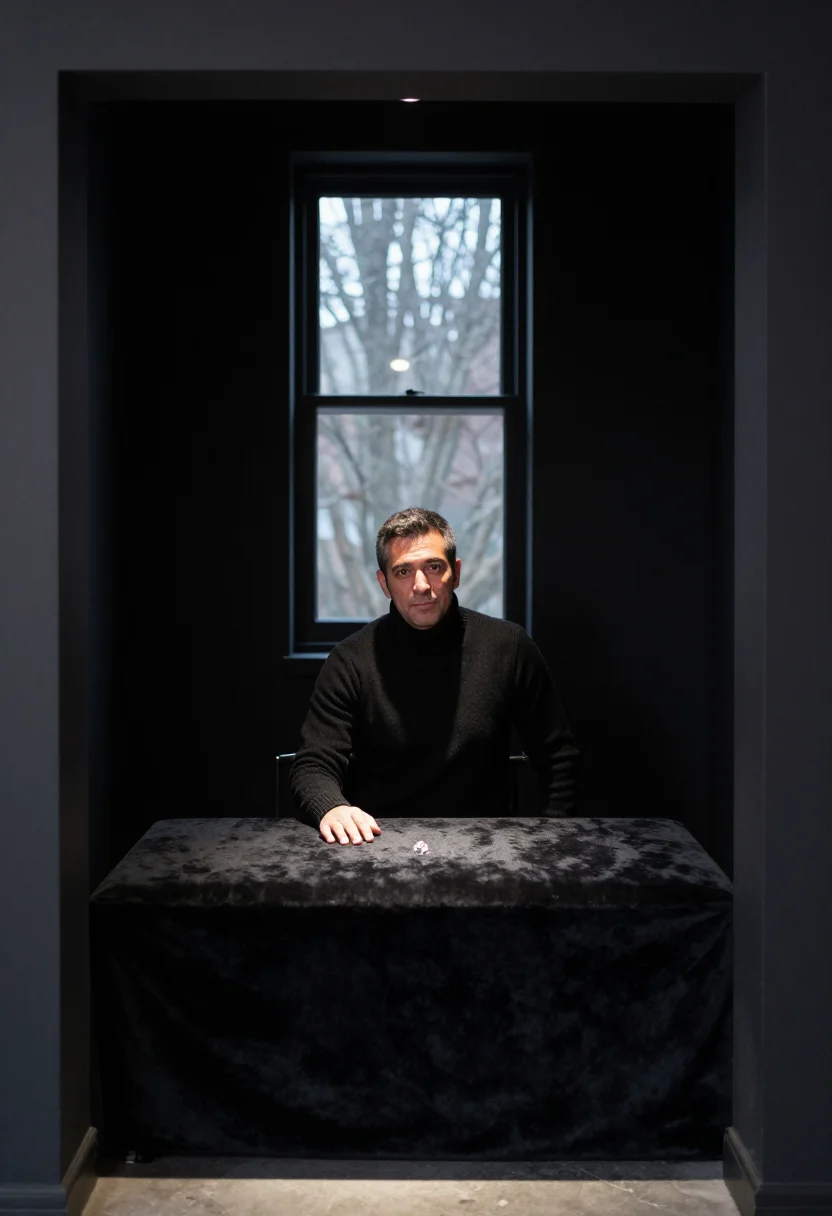 AI jeweller loupe black velvet sample — portrait of a man, framed wide from the doorway, the whole r