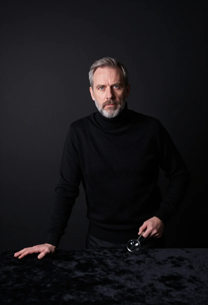 AI jeweller loupe black velvet sample — portrait of a man, framed half-length from the head to the h