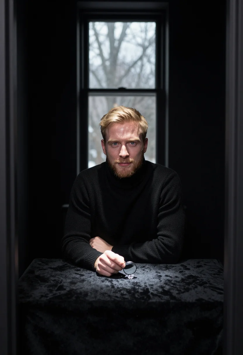 AI jeweller loupe black velvet sample — portrait of a man, framed chest-up, cropped at the ribs, the