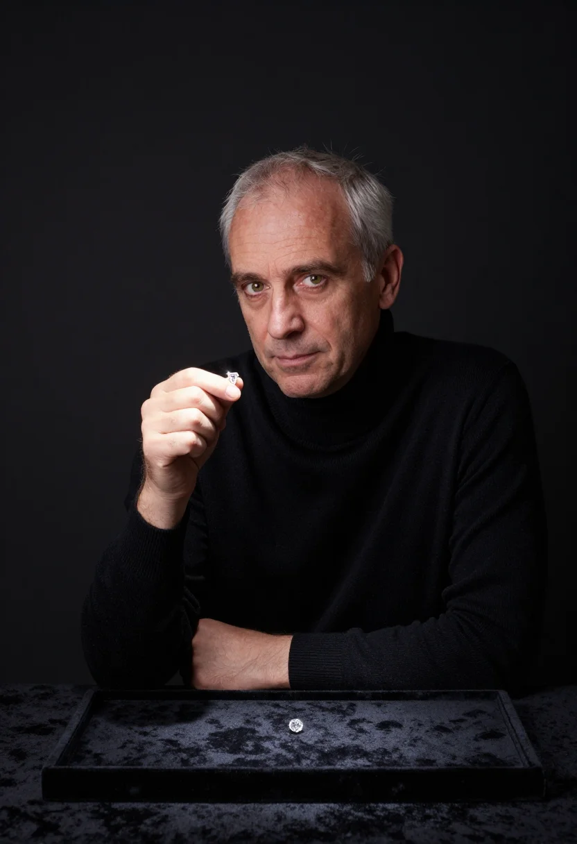 AI jeweller loupe black velvet sample — portrait of a man, framed half-length from the head to the b