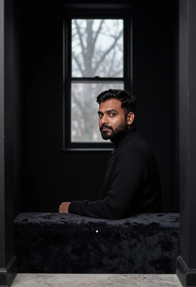 AI jeweller loupe black velvet sample — portrait of a man, framed tight, head and shoulders, the bod