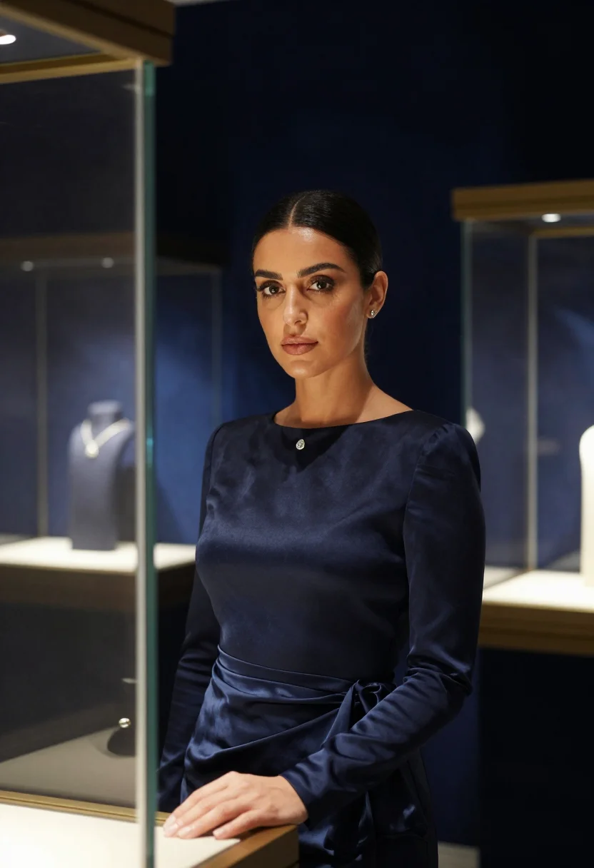 AI jeweller vendome december midnight sample — portrait of a woman, framed chest-up, a Lebanese woman in he