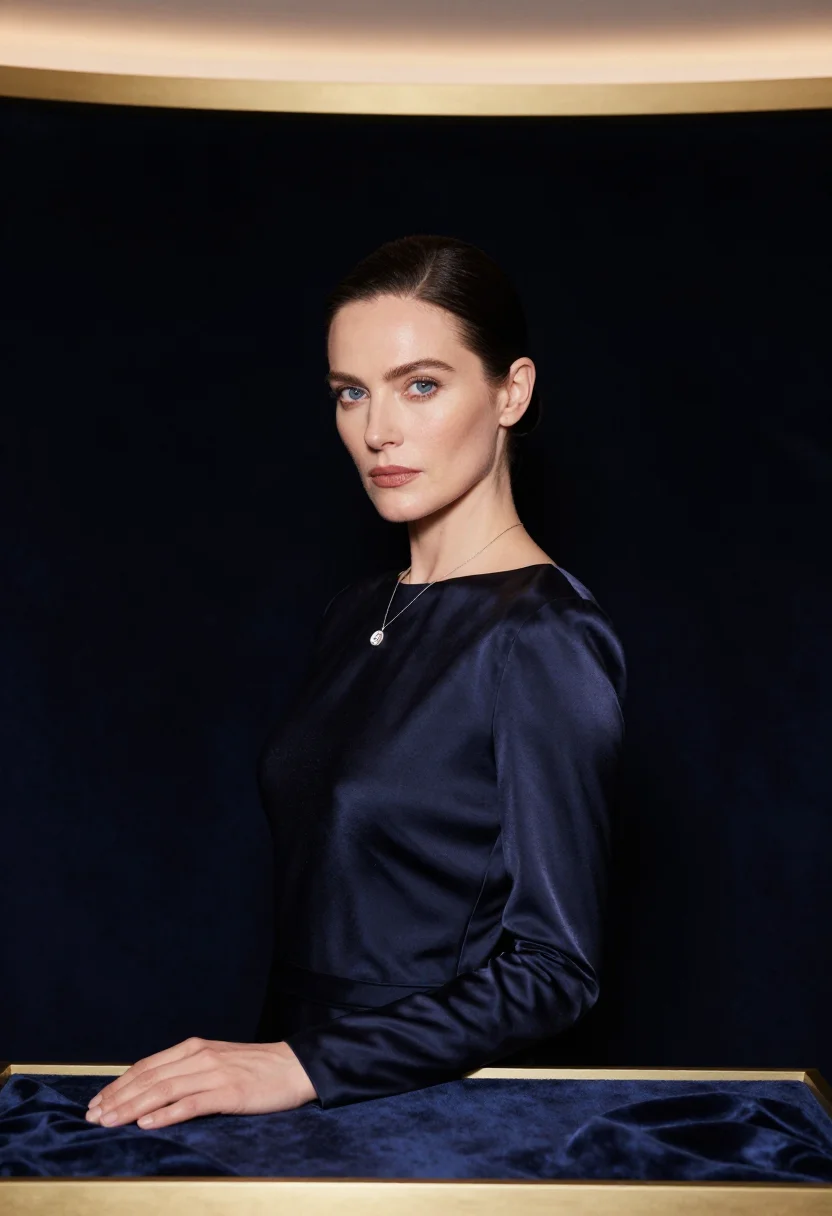 AI jeweller vendome december midnight sample — portrait of a woman, framed chest-up, a woman in her forties
