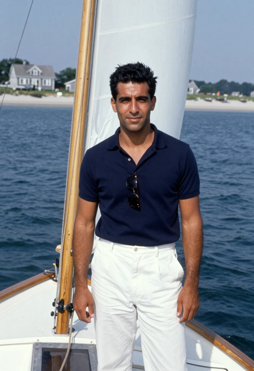 AI jfk hyannis port sailing navy white sample — portrait of a man, a Lebanese-American man in his early fort