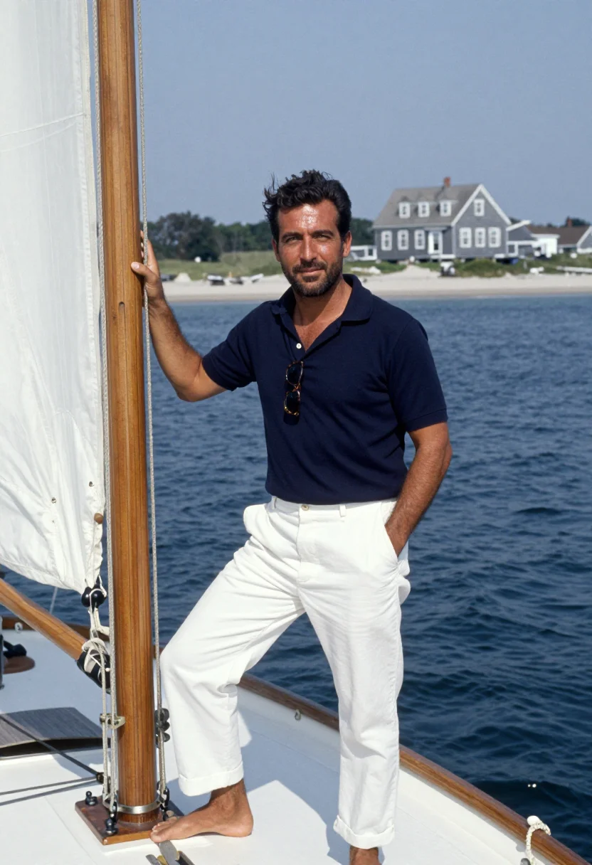AI jfk hyannis port sailing navy white sample — portrait of a man, a Portuguese-American man in his late for