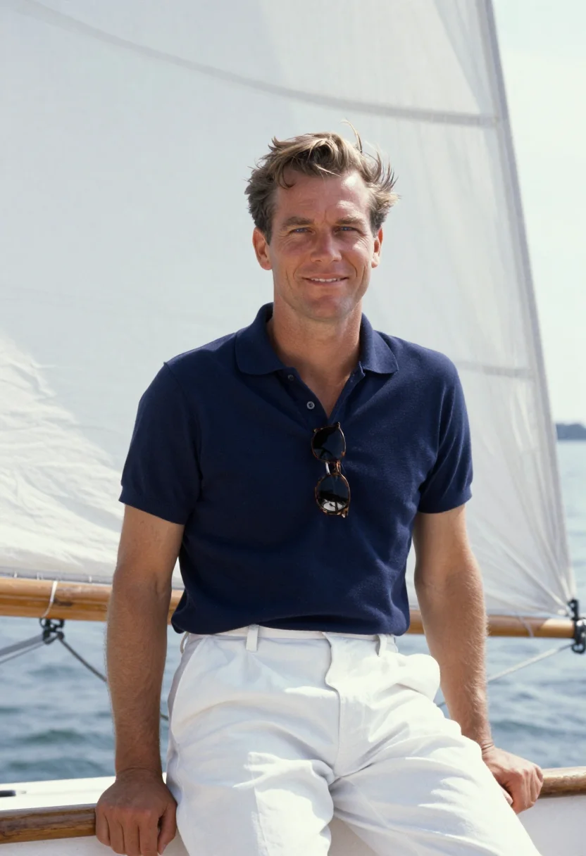 AI jfk hyannis port sailing navy white sample — portrait of a man, an American man in his late thirties with