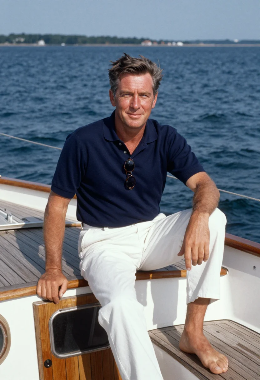 AI jfk hyannis port sailing navy white sample — portrait of a man, an English man in his late forties with f