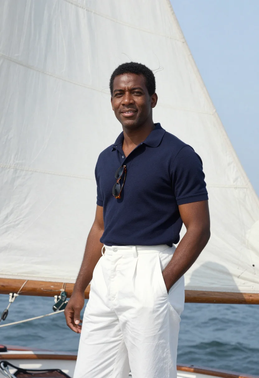 AI jfk hyannis port sailing navy white sample — portrait of a man, an African-American man in his early fort